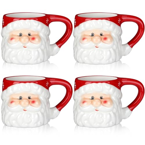 Sliner 4 Pcs Christmas Santa Coffee Mugs 11 oz Vintage Santa Claus Heads Ceramic Mug Christmas Themed Design Cup Set for Coffee Tea Hot Chocolate Xmas Holiday Gifts (Red)