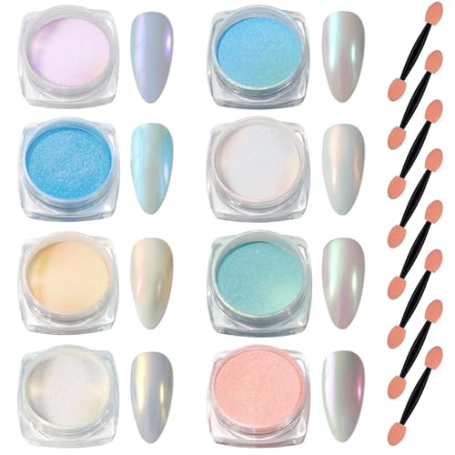 Laza Mermaid Pearl Chrome Nail Powder, 8 Colors Metallic Mirror Effect Pigment, Iridescent Aurora Nail Glitter Dust Kit for Gel Nail Art Decoration, Resin Craft, Gifts - Sweet Candy