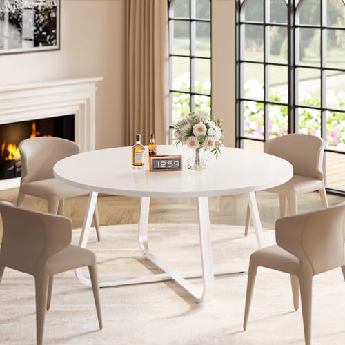 LVB Mesa de comedor redonda, moderna mesa de cocina de metal de madera, mesas industriales pequeñas para 4 a 6 personas, mesas de comedor redondas para el hogar, cocina, sala de estar, roble blanco