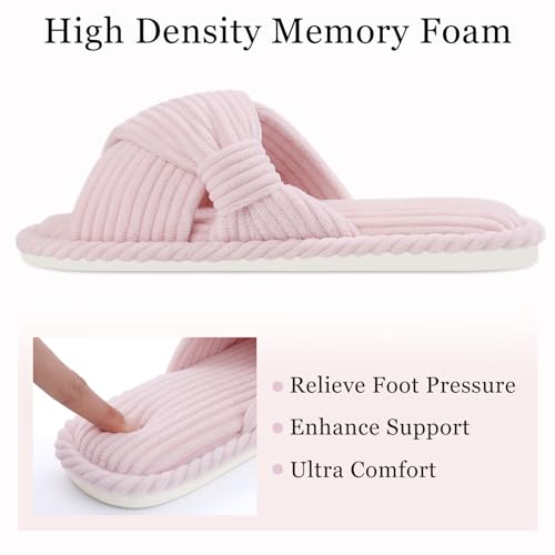 Image of Evshine Summer House Slippers for Women Corduroy Cross Bow Indoor Slippers Open Toe Slip On Bedroom Shoes with Memory Foam