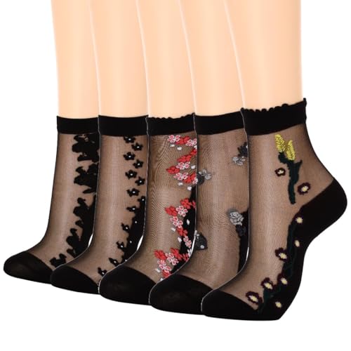 Campsis Black Sheer Ankle Socks, Floral Nylon Socks, Pattern Mesh Sock for Women