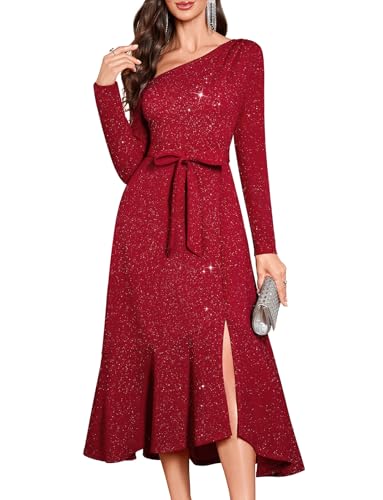 Bbonlinedress Womens Formal Wedding Guest Dress One Shoulder Long Sleeve Cocktail Evening Party Glitter Sparkly Dresses