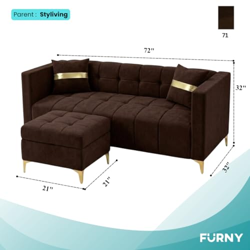 Image of FURNY Styliving 4 Seater L Shape Sofa Set with Movable Ottoman & Golden Legs | Flexible Left or Right Layout | Plush Velvet Fabric (Dark Brown) | Perfect for Living Room, Guest Room & Office