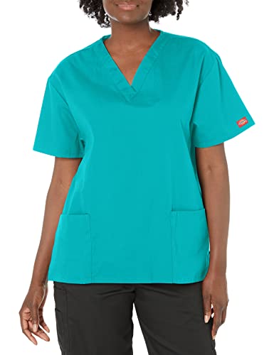 Dickies Women's EDS Signature Scrubs Jr. Fit V-Neck Top, Caribbean Blue, Small