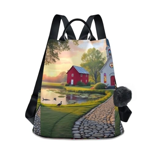 Mochila para mujer con cremallera trasera antirrobo Retro Church y pompón decorativo casual