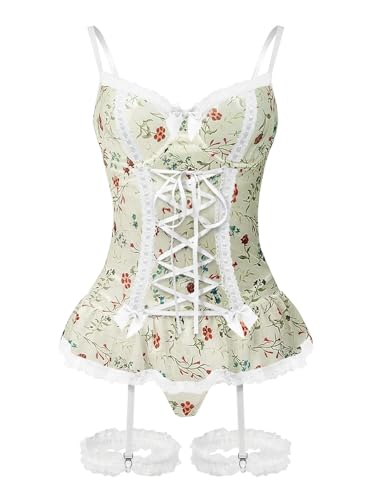 Image of Foxiny Sexy Mesh Corset Ruffle Lace Up Underwire Sheer Garter Belt Babydoll Lingerie Set With Thong 3 Piece Women
