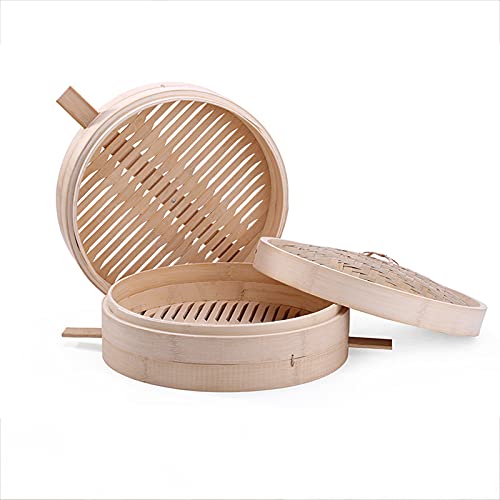 Bamboo Steamer, with anti-scalding handle Traditional Design, 2 Tiers Chinese Food Steamers, Healthy Cooking for Dumplings, Vegetables, Chicken, Fish - Handmade Steam Basket 2-Tiers with Lid,18cm