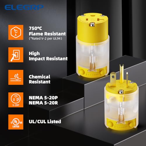 ELEGRP Lighted Straight Blade Electrical Plug and Connector Set 20 Amp 125 Volt NEMA 5-20P NEMA 5-20R 2 Pole 3 Wire Grounding, Commercial Grade, Yellow, 1 Set