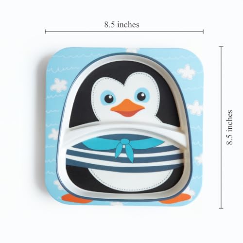 Image of Bamboo Kids Feeding Set of 5|Kids Crockery Set Tableware |Baby Utensils and Dishes Set | Eco-Friendly |Organic & Natural (Plucky Peguin)