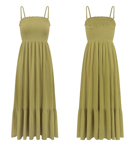 Image of R.Vivimos Womens Summer Boho Cotton Maxi Dress Adjustable Spaghetti Strap Elastic Smocked Casual Ruffle Hem Flowy Beach Dress