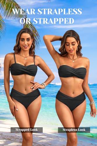 Women's Strapless Bandeau Bikini Set - Twist Front Two Piece Swimsuit with Side Tie Bathing Suit Bottom2