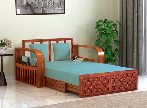 Image of APRODZ Geometric Solid Sheesham Wood Sofa Cum Bed 2 Seater Velevt Fabric with Blue Upholstery & Cushion Perfect Sofa Furniture for Home Living Office Room and Guests (Honey Finish 75x51x30-Inch)
