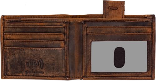 J T C JUZAR TAPAL COLLECTION Real Leather Mens Bifold Wallet RFID Safe Slim Minimalist Front Pocket Wallet Thin & Stylish with Eyelet Hole for Biker Steel Chain Gift for Him (Rustic Brown)