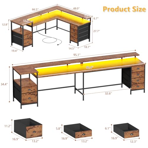 Image of Furologee 95 inch Two Person Computer Gaming Desk, Long 2 Person Home Office Desk with 6 Drawers & Storage Shelves, Double Table with Power Outlets, LED Lights and Full Monitor Shelf, Rustic Brown