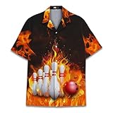 Fire Bowling Hawaiian Shirt for Men Casual Red Flame Bowling Shirt Mens Hawaiian Shirts Short Sleeve Button Up Shirt Men