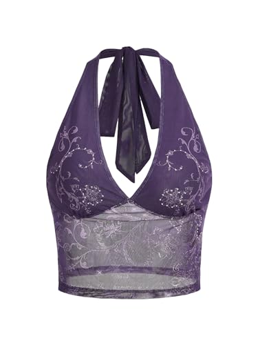 COZYEASE Women's Y2K Sheer Mesh Tie Back Halter Top Floral Print Rhinestone Cami Tops Backless Crop Tee