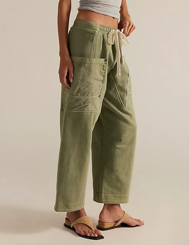 Zontroldy Women's Casual Cotton Wide Leg Cargo Pants Elastic Waist Drawstring Trousers with Pockets3