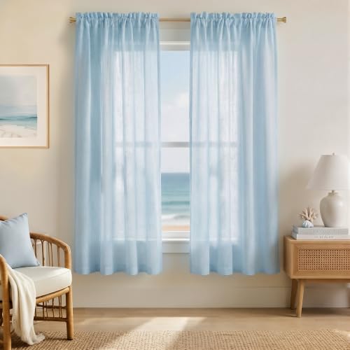 Mrs.Naturall Sky Blue Linen Curtains 63 Inch Length, Summer Beach Ocean Light Filtering Semi Sheer Curtains for Living Room Bedroom Nursery 2 Panels Set, Light Baby Blue