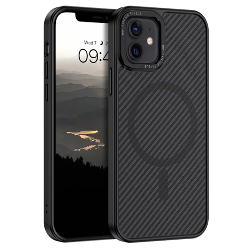 GUAGUA Cover Magnetico per iPhone 12 o 12 Pro, Compatibile con MagSafe, Fibra di Carbonio Custodia Leggera Antiurta TPU Bumper Sottile Antiscivolo Antigraffio Protettivo Anti-ingiallimento Case Nero