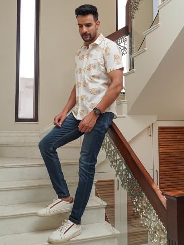 Image of Yellow Fish Print on White Cotton Shirt for Men | All-Day Casual Comfort - Breathable cotton blend fabric engineered for premium softness and durable everyday wear.