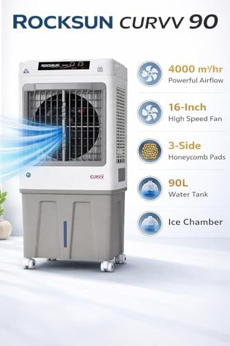 Image of Rocksun Curvv Desert Air Cooler with Honeycomb Pads, 16-Inch Fan, 4000 m /hr Airflow, Auto Swing Louvres, 3-Side Cooling, Powerful 200W Desert Air Cooler for Home & Office (Curvv 90.)