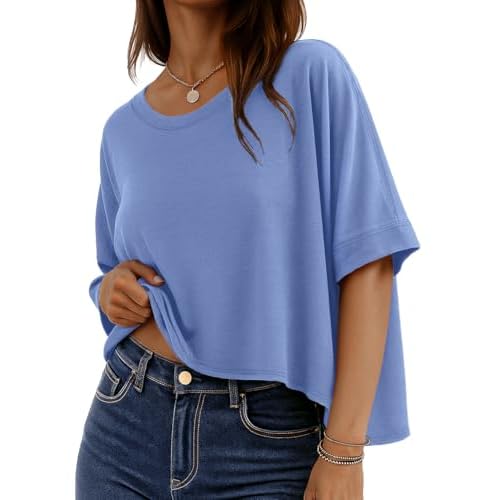 rosemia Oversized Tshirts for Women Summer Graphic Half Sleeve Crop Tops Casual Blouses, Solid Blue, S