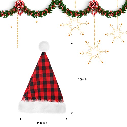 SATINIOR 6 Pieces Santa Hat Christmas Hat Claus Xmas Hat for Adults Unisex with Lining Plush Brim for Christmas New Year Party (Buffalo Plaid,Adult Size) - Image 2