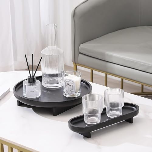 Image of 2 Pcs Round Wooden Decorative Tray, Black, Modern, 11.8 inchL x 11.8 inchW x 2.5 inchH (Large), 11.8 inchL x 4 inchW x 2 inchH (Small), Perfect for Coffee Table, Bathroom Vanity, Kitchen Counter, Gift