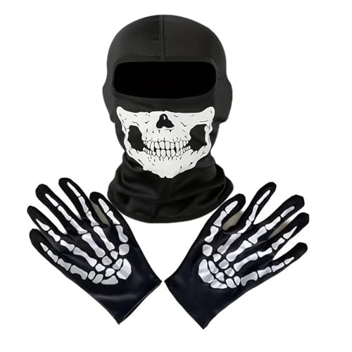 Skeleton Gloves and Skull Mask, Ghost Skull Balaclava Full Face Mask Full Finger Skeleton Pattern Gloves (White)