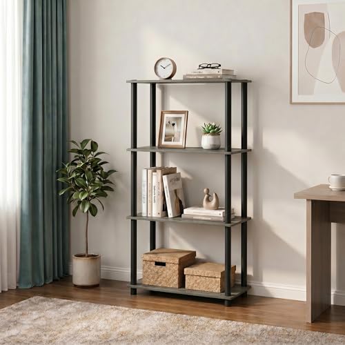 Furinno Turn-N-Tube Storage Shelves, 4-Tier Book Shelf, Corner Shelf, Toolless Open Shelves, for Organization and Storage, Living Room, Bedroom, Entryway, Laundry, Grey Oak - image 1