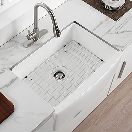 CELAENO 30 Inch White Farmhouse Sink, Fireclay Porcelain Single Bowl Apron front Kitchen Sink, White Kitchen Sink with Protective Bottom Grid and Strainer