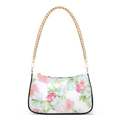 Blue Pink Flowers White Designer Handbag Womens One Shoulder Purses Evening Bags Purse Zipper Closure Chain Strap