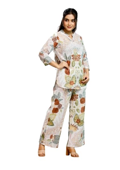 Women's Floral Printed Co-ord Set, White, Top with Palazzo Pants, 3/4 Sleeves, Ethnic Wear-picture-30