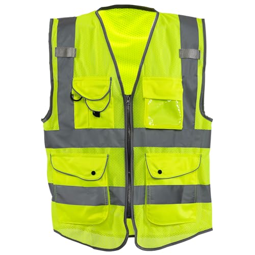 Neiko High Visibility Safety Vest ANSI Class 2, 9 Pockets, Neon Yellow, Medium (M)