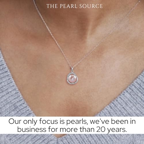 The Pearl Source 9-10mm Genuine Pink Freshwater Cultured Pearl & Cubic Zirconia Johnson Pendant Necklace for Women