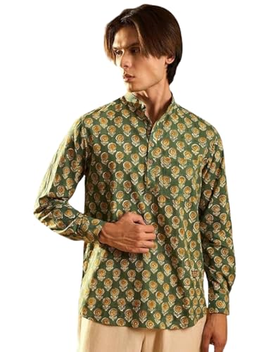 Image of DEELMO Men's Cotton Blend Printed Long Sleeve Short Kurta | Stylish Casual & Ethnic Wear | Comfortable Mandarin Collar Kurta for Daily, Festive & Party Outfits