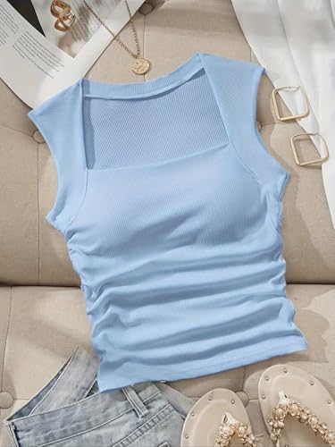Image of ADBUCKS Women's Ribbed Square Neck Tank Top - Double Layered Ruched Vest, Slim Fit Stretch Fabric Sleeveless Top Without Chest Pad