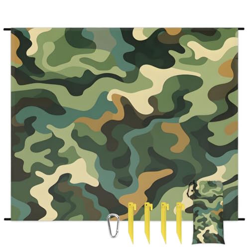 Eabrults Waterproof Sandproof Beach Blanket, 59''×68'' Camouflage Polyester Outdoor Picnic Blanket with 4 Stakes & Storage Bag for Beach,Camping,Vacation Greener