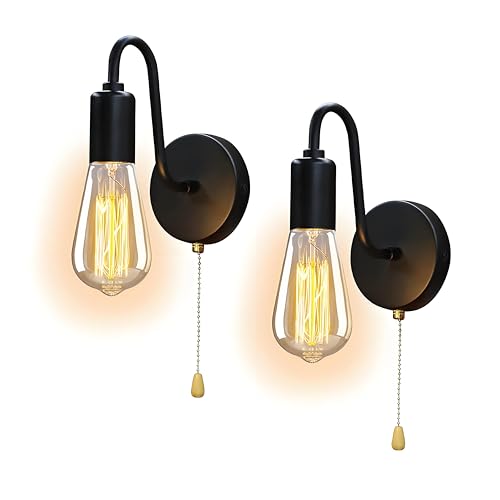 JZCDR Vintage Pull Chain Wall Light Fixtures Set of 2 Hardwired Wall Sconces with ON Off Switch Retro Black Metal E26 Indoor Wall Lamps Small for Bedrooms Living Room Kitchen