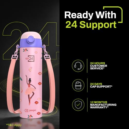Image of Go24 pexpo Sporty ISI Certified Stainless Steel Water Bottle For School Kids - 700ml | 6+ Years | Sipper Cap | Leakproof & BPA Free | Picnic, Travel, Sport - Pink Dancing Girl UV Print