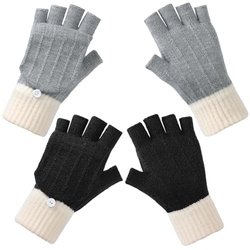 Ymomode Winter Fingerless Gloves for Women, Wool Gloves Thermal Insulation Warm Convertible Mittens Flap Cover for Men Women