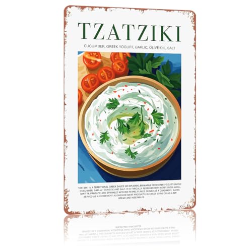 SMAZDFXX Letreros metálicos con receta de tzatziki griego, para cocina, decoración de pared, ideal para dormitorio, sala de estar, bar, restaurante, etc. Placa de 30 x 20 cm.