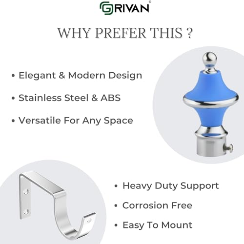 Image of GRIVAN Stainless Steel & ABS Curtain Bracket Parda Holder with Support 1 Inch Rod Pocket Finials Designer Door and Window Rod Support Fittings, Curtain Rod Holder (Pair of 2, Sky Blue)