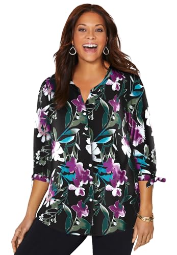 Catherines Women's Plus Size Georgette Button Down Tie Sleeve Cafe