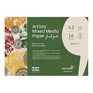 PaperPep Artists' Mixed Media Glued Pads 200GSM A3 16 Sheets for Charcoal, Chalk, Graphite, Pencil, Pastel, Wax Crayon, Coloured Pencil, Ink, Gouache, Watercolour & Acrylic for Artists' & Amateurs