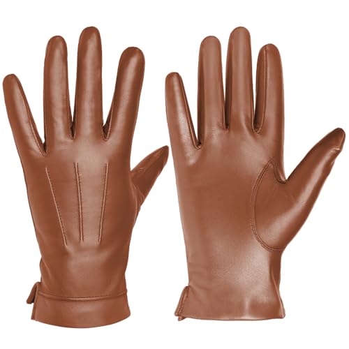 Harssidanzar Mens Leather Gloves Genuine Sheepskin Cashmere Lined Warm Touchscreen Texting Gloves SM052US (Camel, L)