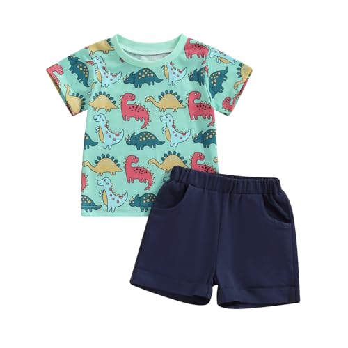 Image of Hoanselay Toddler Infant Baby Boy Dinosaur Short Sleeve T Shirt Top and Shorts Outfits 2 Piece Summer Clothes Set