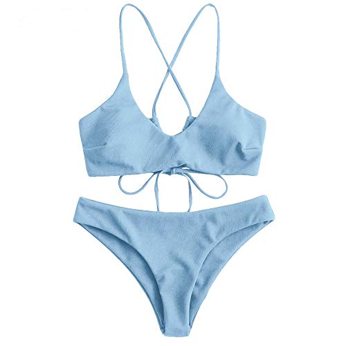 ZAFUL Women's Basic Two-Piece Criss Cross Push Up Bikini Set Textured Spaghetti Straps Wire Free Bathing Suit