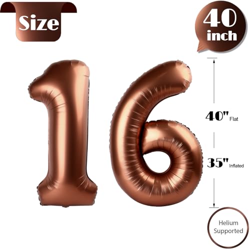Image of Dark Brown Number 16 Balloon 40 inch, Coffee Brown 16 Number Balloons, 16th Birthday Decorations, Chocolate 16 Year Old Dark Brown Party Supplies