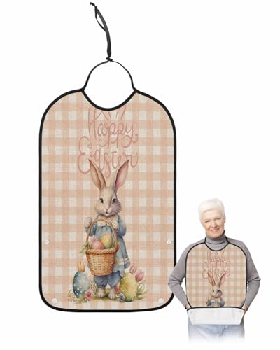 Easter Bunny Orange Adult Bib for Eating with Crumb Catcher,Easter Basket Egg Buffalo Tulip Flower Waterproof Terry Cloth Adjustable Elderly Women Men Adult Bibs Funny Apron Clothing Protector